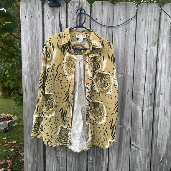 Unique Vintage Whistles Corduroy Tan Tiger Print Shirt Jacket Shacket Large - Picture 2 of 6